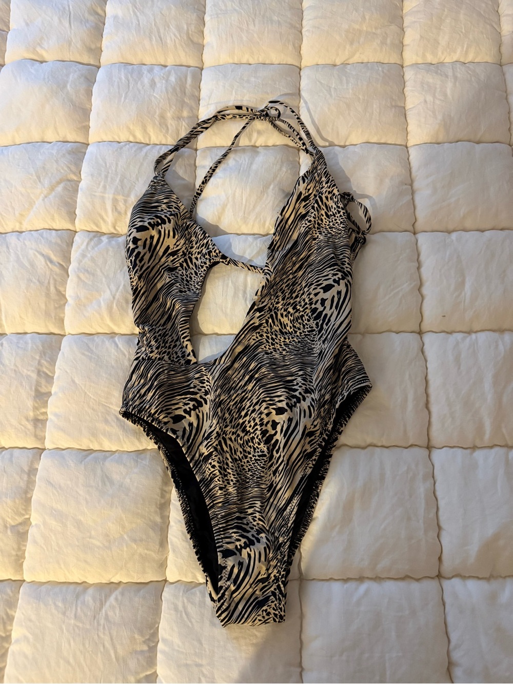 Women’s One-Piece Swimsuit in Black and Cream - Sleek Animal Print